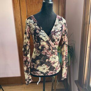 Y2K Cache Sheer Mesh Deep V Wrap Top Womens S Floral Glitter Night-Out Clubcore